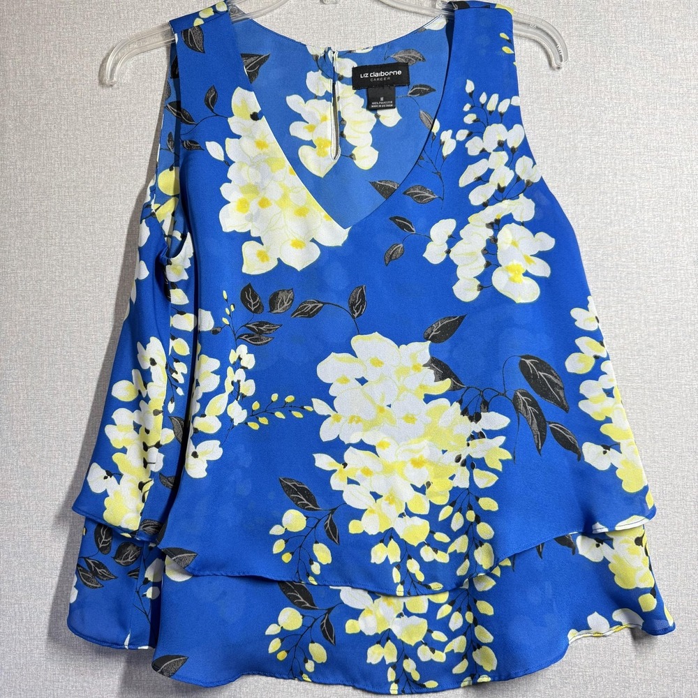 Liz Claiborne Blouse Womens M Blue Floral Sleeveless‎ Layered Hem Chiffon Top